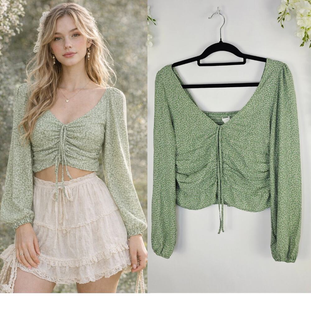 H&M Crop Top Medium Green Floral Ruched Tie Fairy Smocked Cottagecore Boho